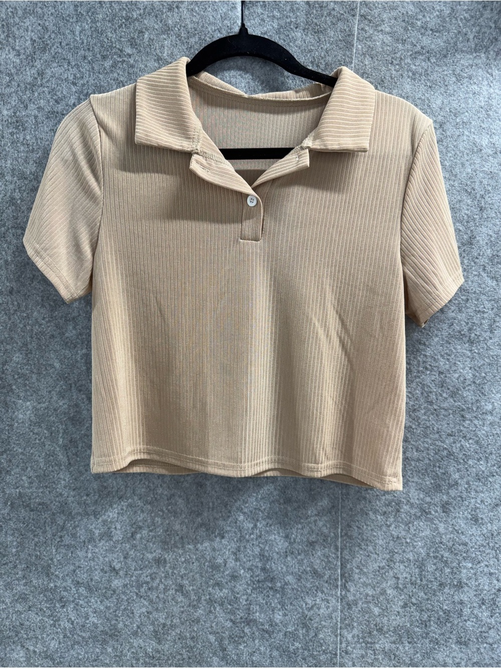 SHEIN Ribbed Polo Crop Top in Tan - Womens S - Office Business Work